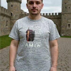 Unisex Gray Graphic 'Amen' Tee with Knight Print